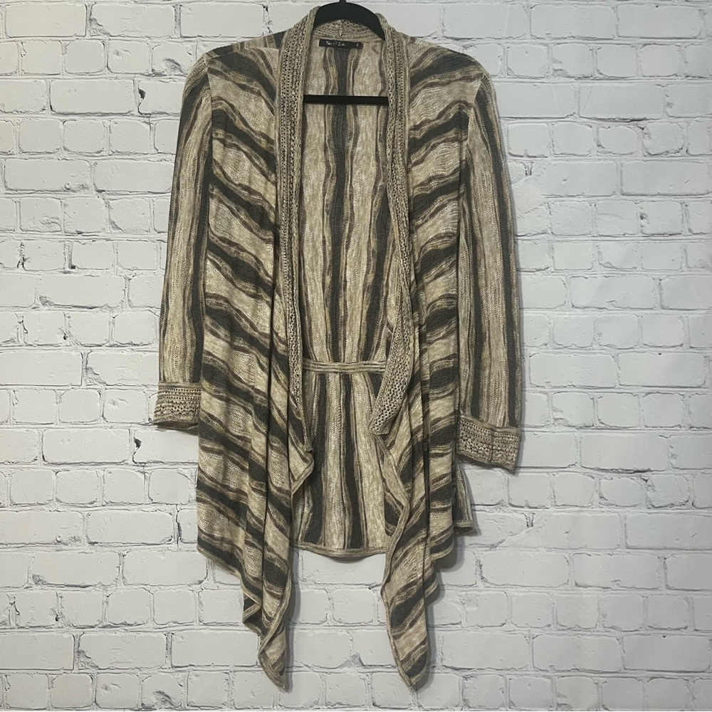 Nic + Zoe Striped Beige & Brown Open Cardigan Sweater Size Medium Linen Blend